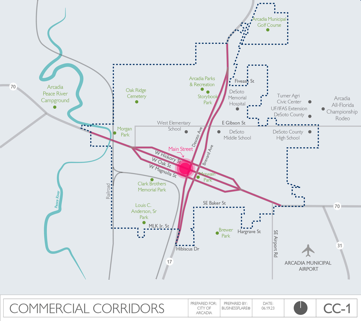 Commercial corridors & Main Street across the CRA study area. BusinessFlare®, 06.19.23.