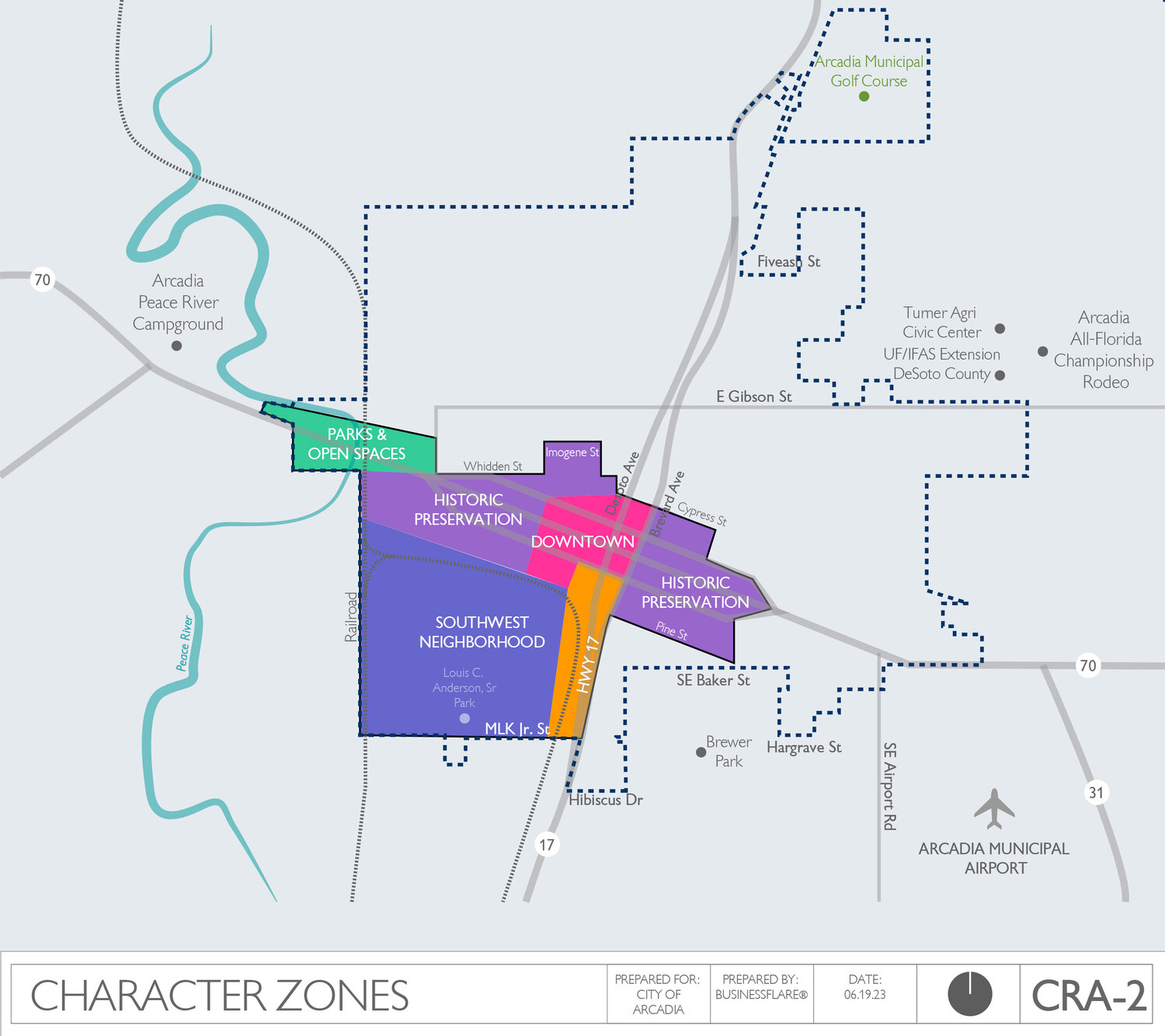 Character zones — Downtown, Historic Preservation, Southwest Neighborhood, and Parks & Open Space. BusinessFlare®.